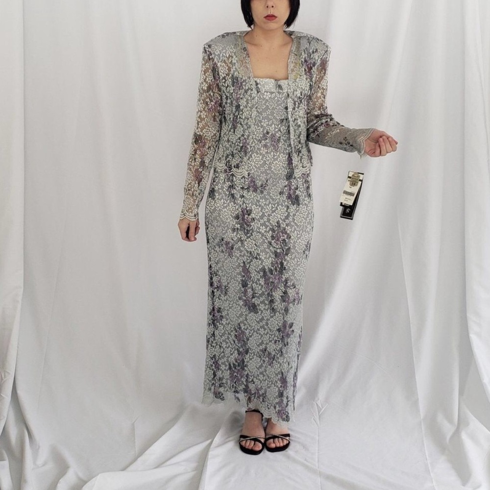 Sheer Floral Lace Mini Dress with Matching Jacket - Lavender Gray